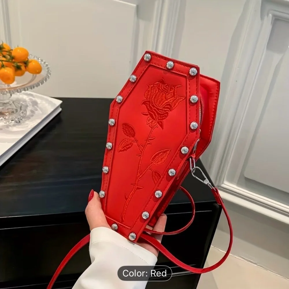 Red Coffin-Shaped Bag with Rose Embroidery - Picture 2 of 3